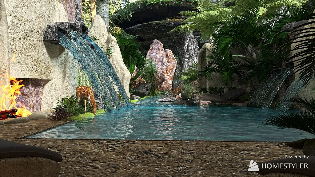 caverne in natura roccie floreale  e cascate 3d design renderings
