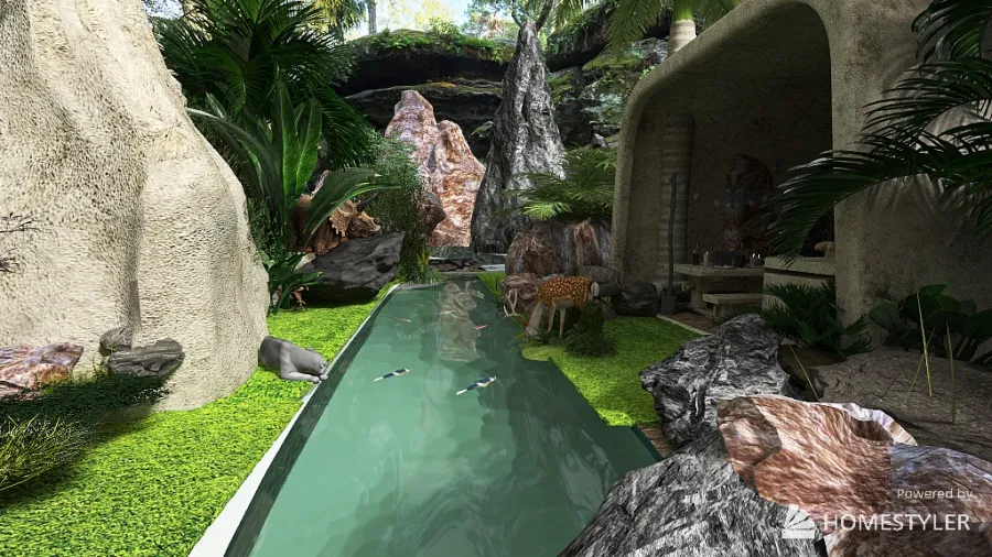 caverne in natura roccie floreale  e cascate 3d design renderings