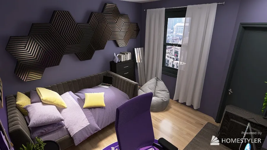Purple Streamer Bedroom 3d design renderings