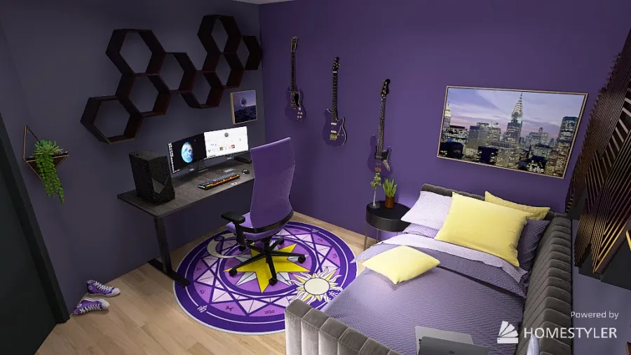 Purple Streamer Bedroom 3d design renderings