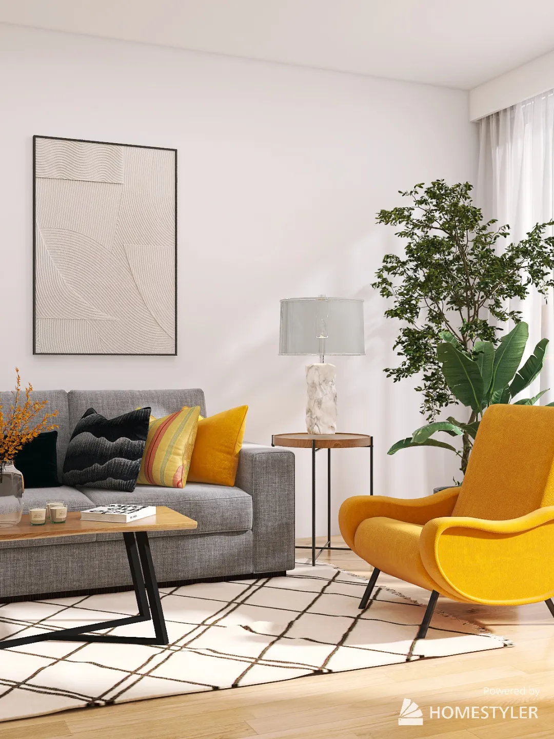 Gray and yellow living room decoration 3d design renderings