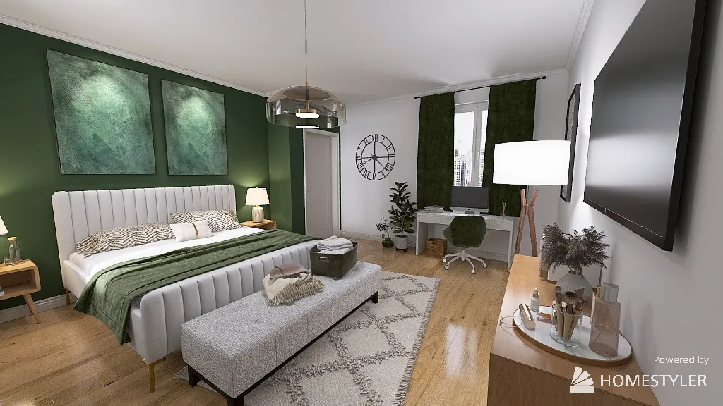 Chambre base sur les couleurs verts et crème 3d design renderings