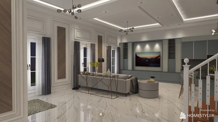 Neoclasic Living Room & Pantry for Family 3d design renderings