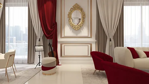  Living Room in Cream, Beige, and Deep Magenta Ton