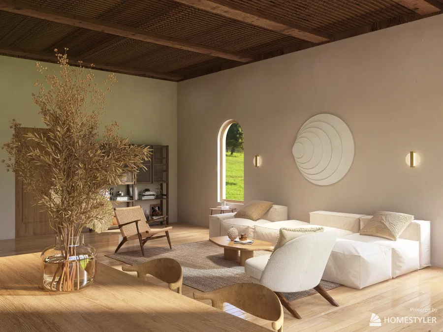Wabi-sabi open space living room 3d design renderings