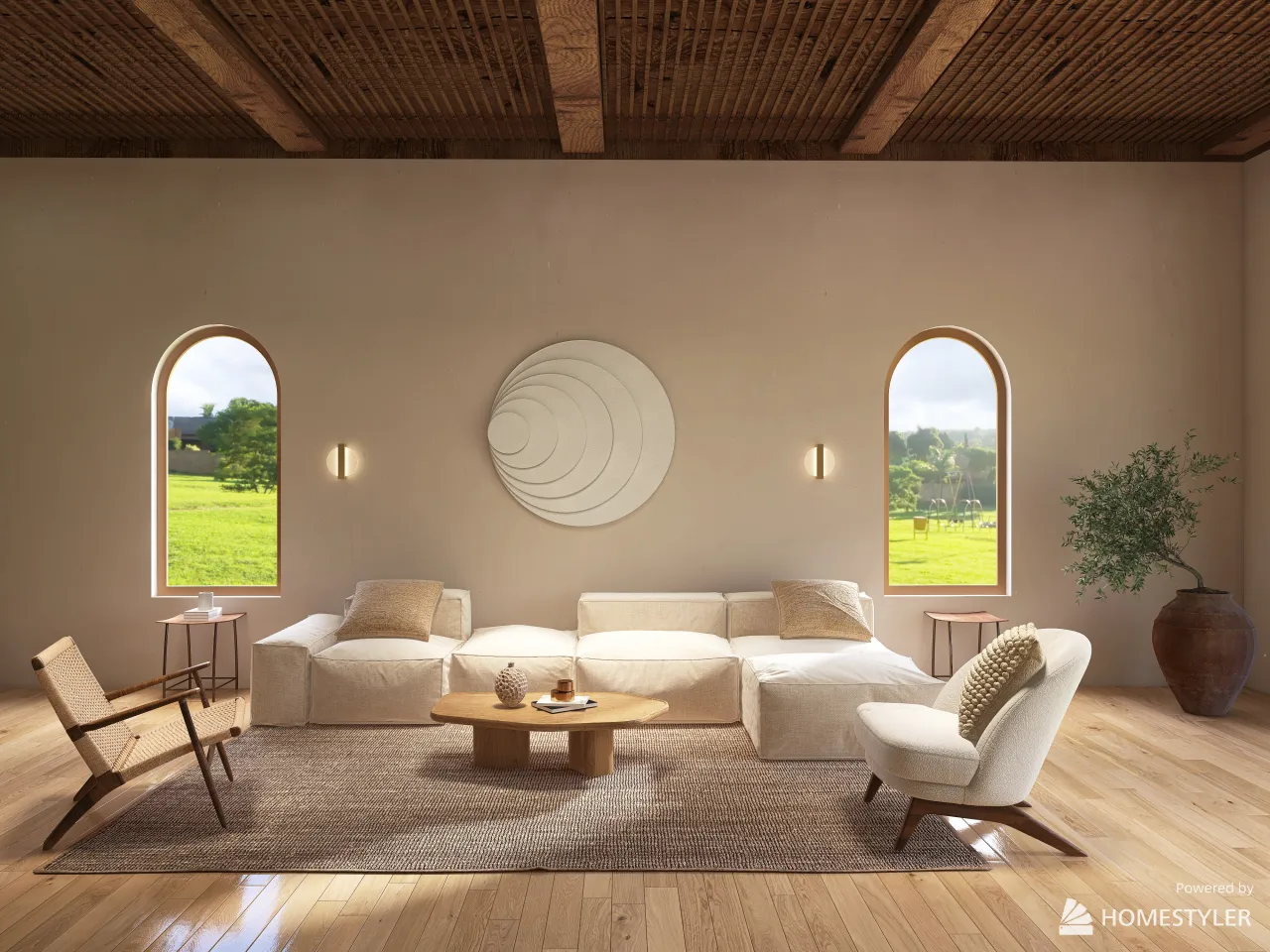 Wabi-sabi open space living room 3d design renderings