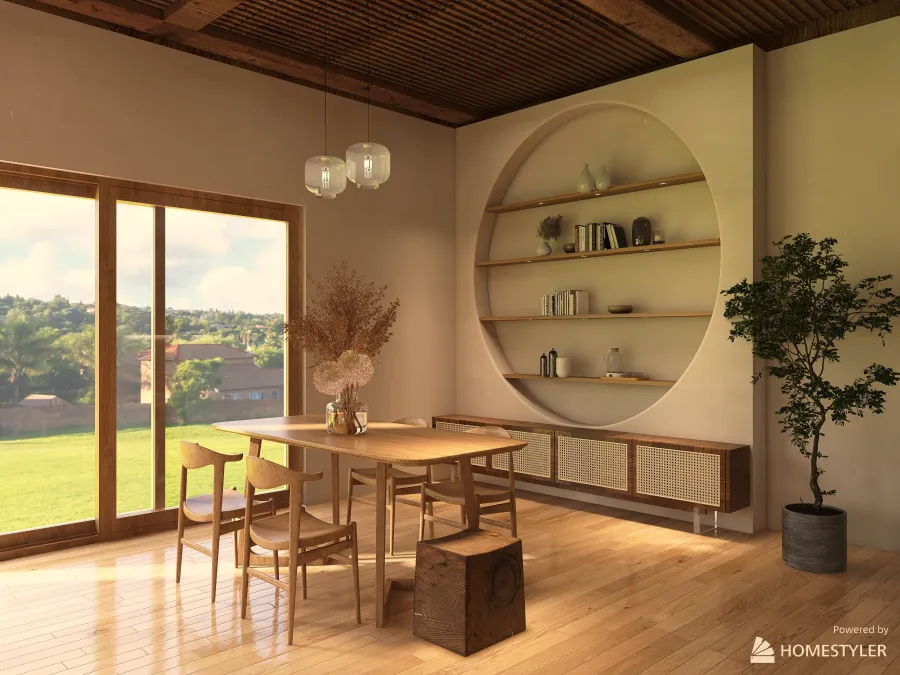Wabi-sabi open space living room 3d design renderings