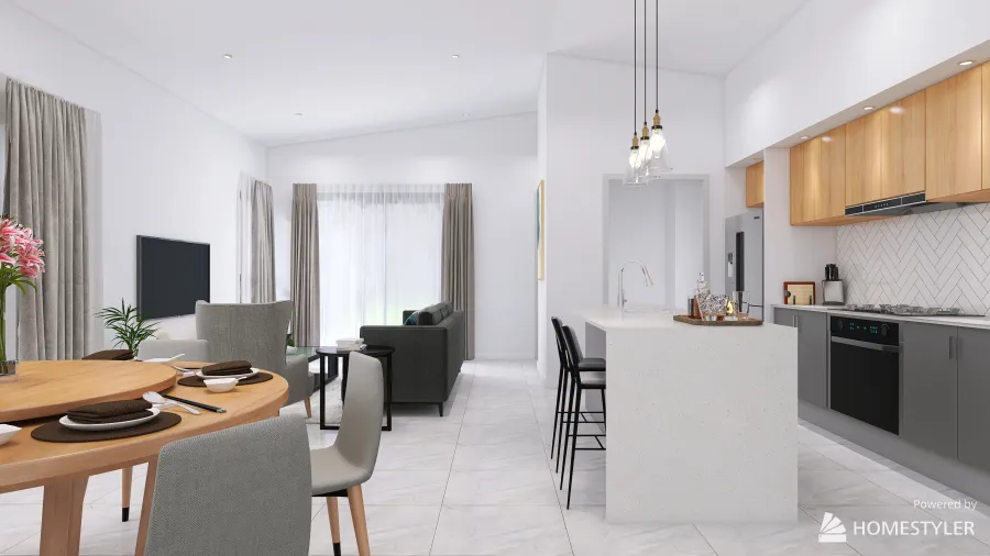 Living, Dining & Kitchen 3d design renderings