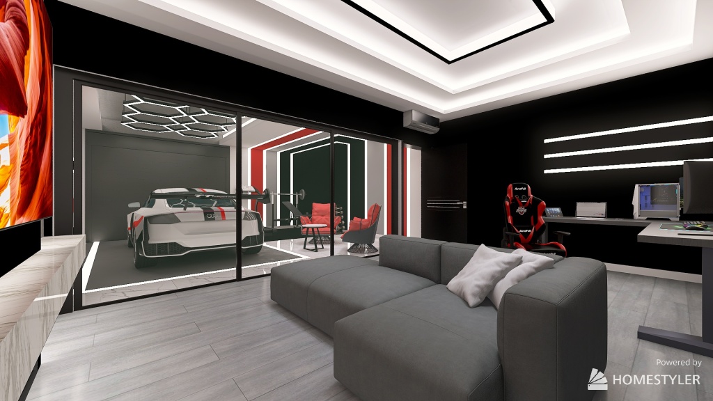Garage with living room and private gym! 3d design renderings