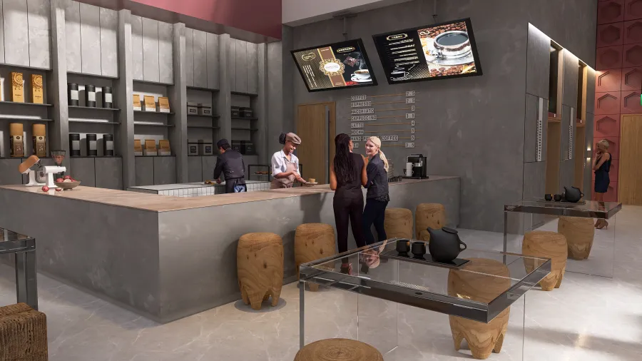 Nuevo concepto de café restaurante. 3d design renderings