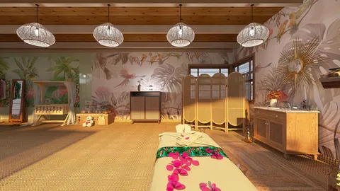 spa room design featuring a massage table and decorative plants, showcasing a tropical style and warm ambiance optimized using Homestyler's real-time 3D rendering feature.
