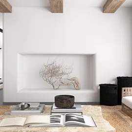 minimalist living room featuring a decorative wall niche and natural elements, showcasing contemporary interior design using Homestyler's real-time 3D rendering.