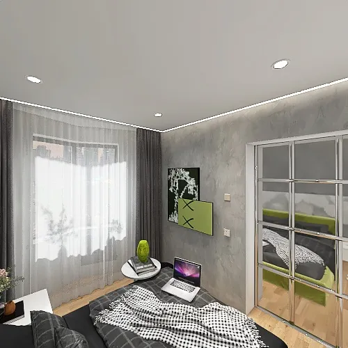 Cheap and small bedroom with wardrobe and balcony 3d design renderings