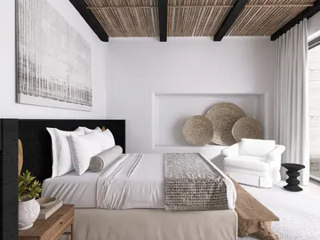 serene bedroom interior design featuring a minimalist layout with a natural aesthetic, utilizing smart furniture arrangement for space optimization, showcasing Homestyler's 3D rendering capabilities.