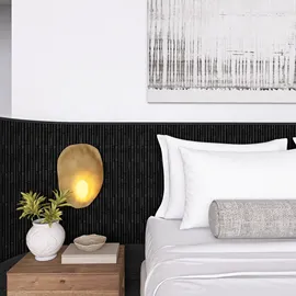 modern bedroom design featuring a stylish headboard with a decorative wall light, showcasing a cozy atmosphere with plants and minimalist decor, optimized for small space utilization using Homestyler's real-time 3D rendering feature.