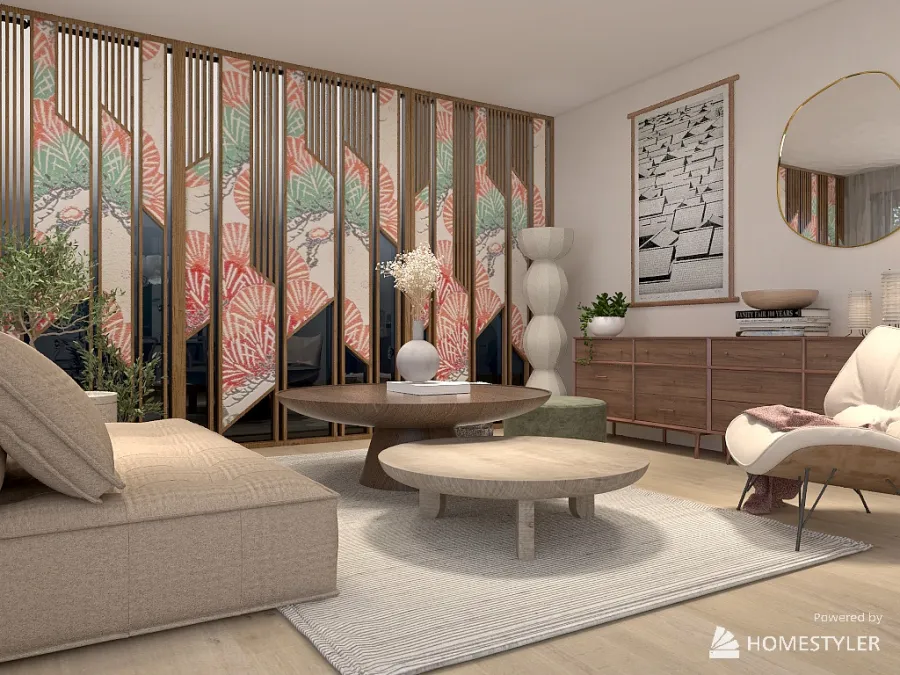 A living room full of light - Japandi 3d design renderings
