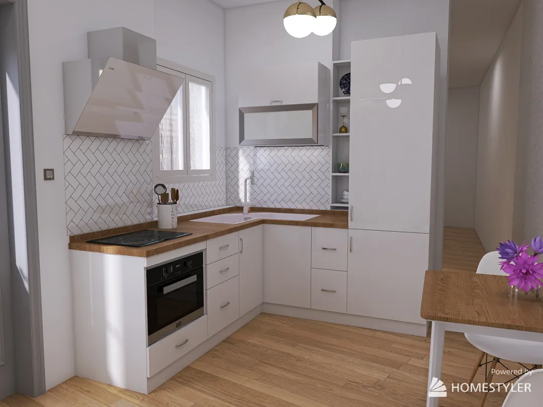 Ingresso e cucina di un monolocale 3d design renderings