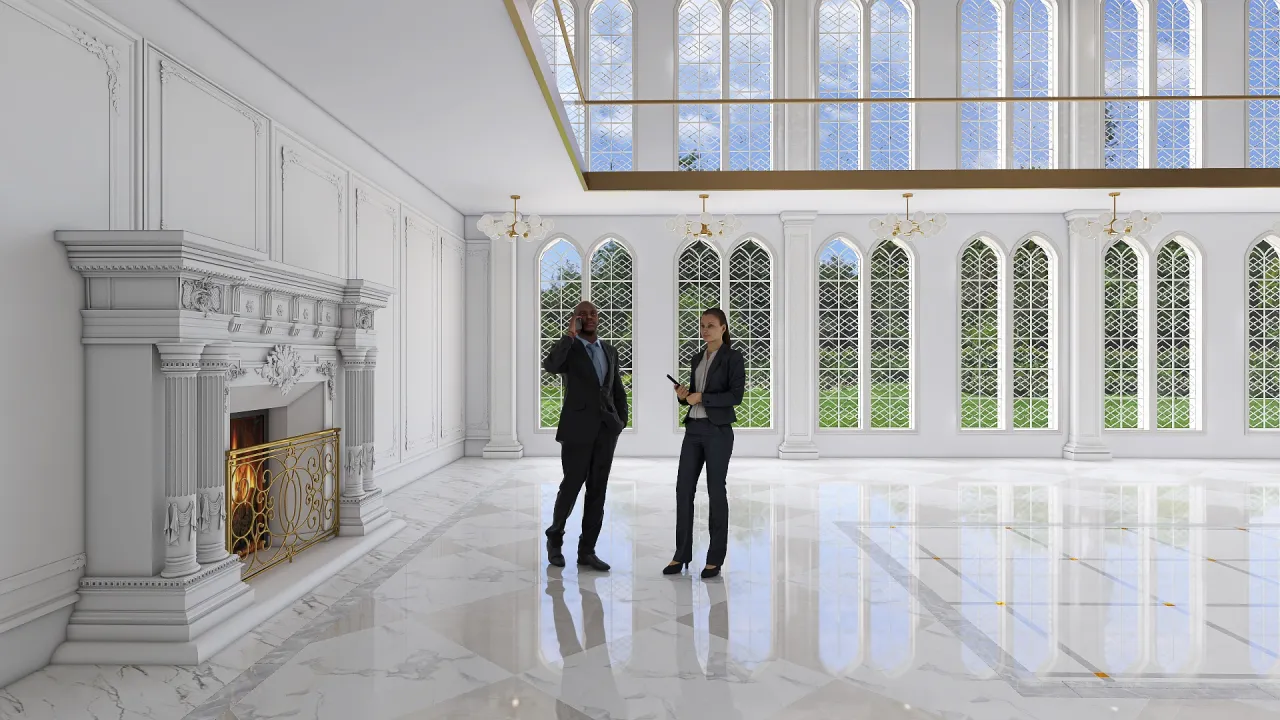 white palace hall 3d design renderings