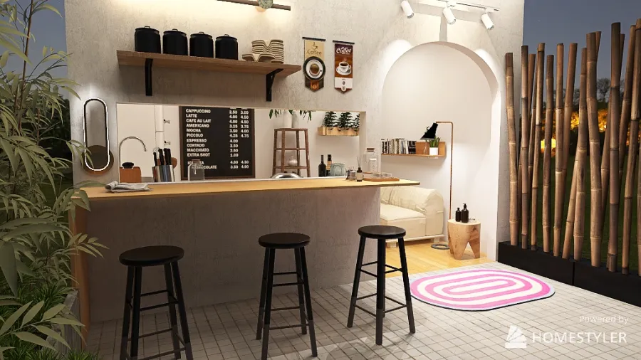 comfy cafe Kitchen 3d design renderings