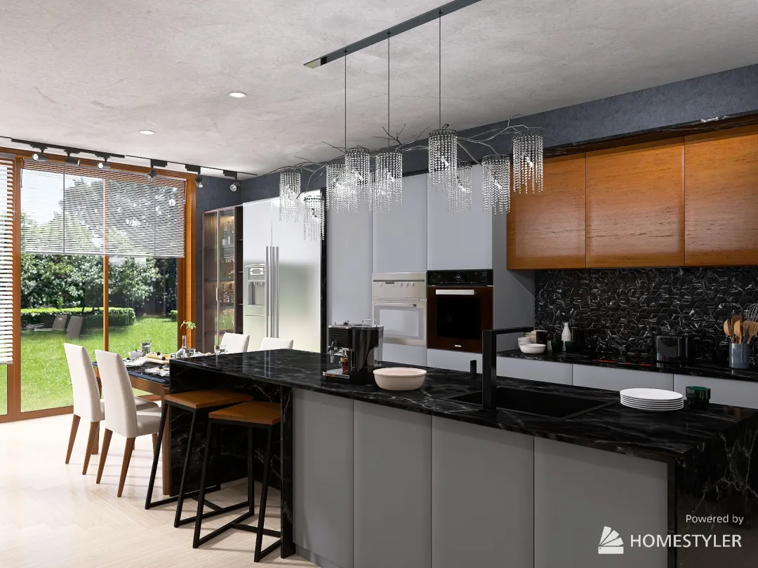 Современная открытая кухня + гостиная 3d design renderings