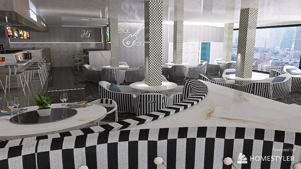 ufficio ibrido con ristorante 2 livelli 3d design renderings