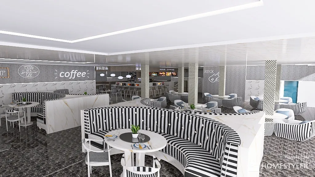 ufficio ibrido con ristorante 2 livelli 3d design renderings