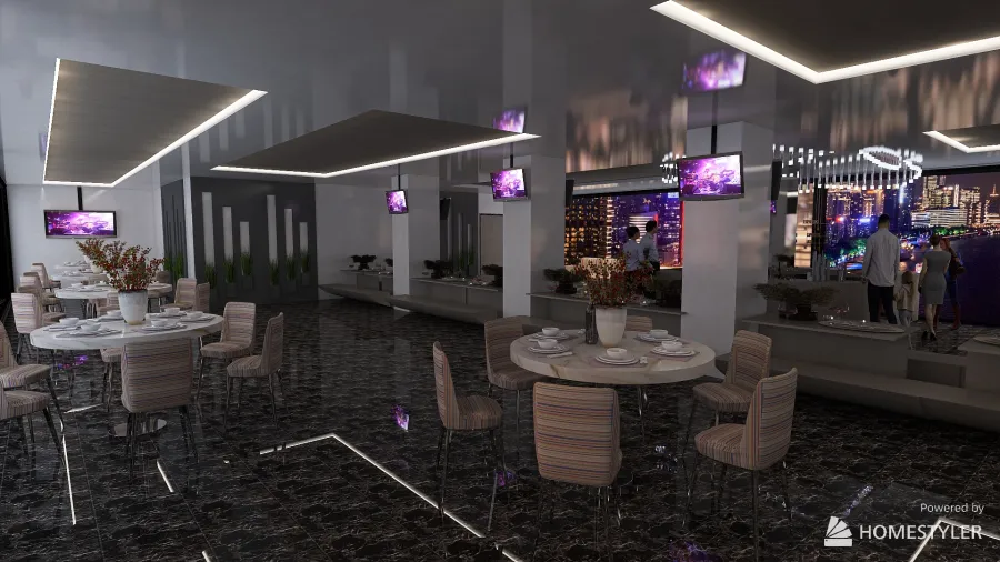 ufficio ibrido con ristorante 2 livelli 3d design renderings