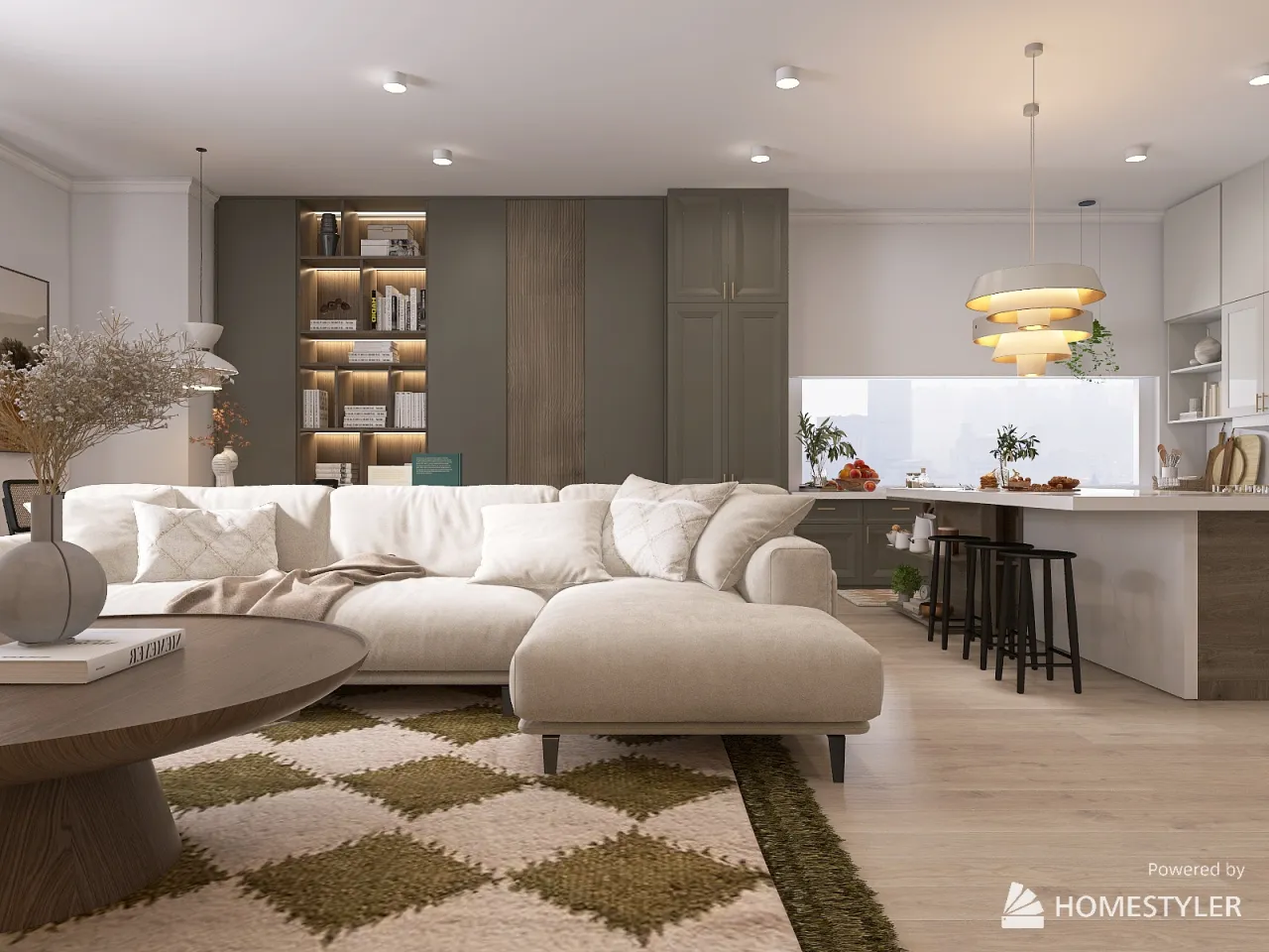 Olive green apartment 3d design renderings