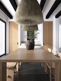 dining area showcasing a modern wooden table with stylish lighting fixtures and decorative plants in a contemporary style, highlighting interior decor with Homestyler's real-time 3D rendering feature.