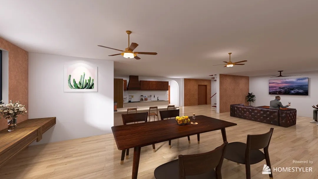 Cocina abierta con cuarto de alacena y cava/comedor/baño/sala/garage 3d design renderings