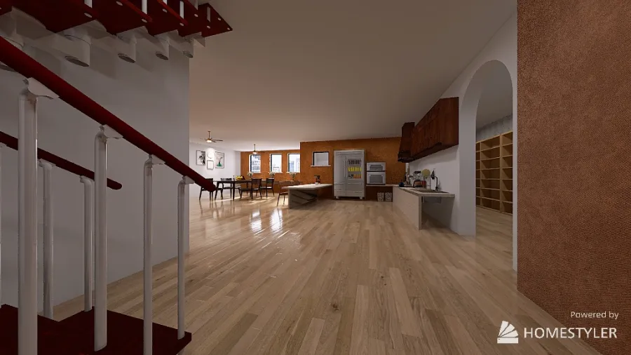 Cocina abierta con cuarto de alacena y cava/comedor/baño/sala/garage 3d design renderings