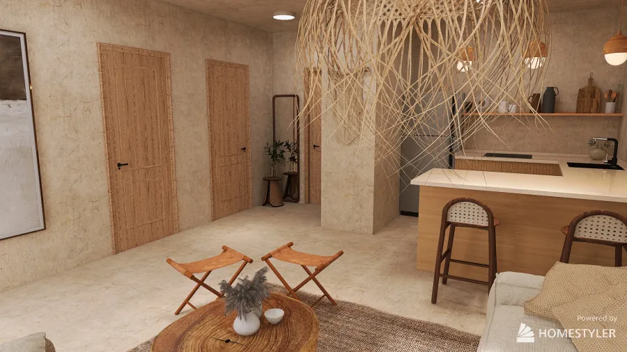 Mini apartamento Wabi Sabi 3d design renderings