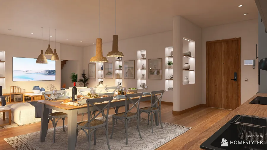 Kitchen, dining & living room 3d design renderings
