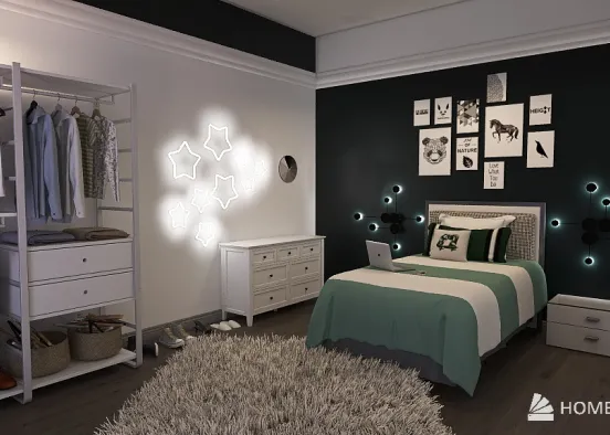 Bedroom/Livingroom - Gray, White, Green Theme Design Rendering