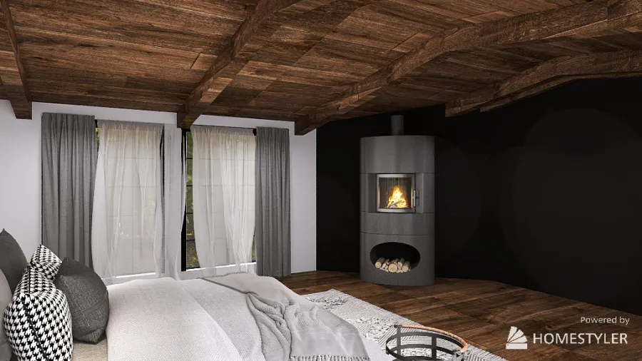 Rustic Symmetrical Master Bedroom 3d design renderings