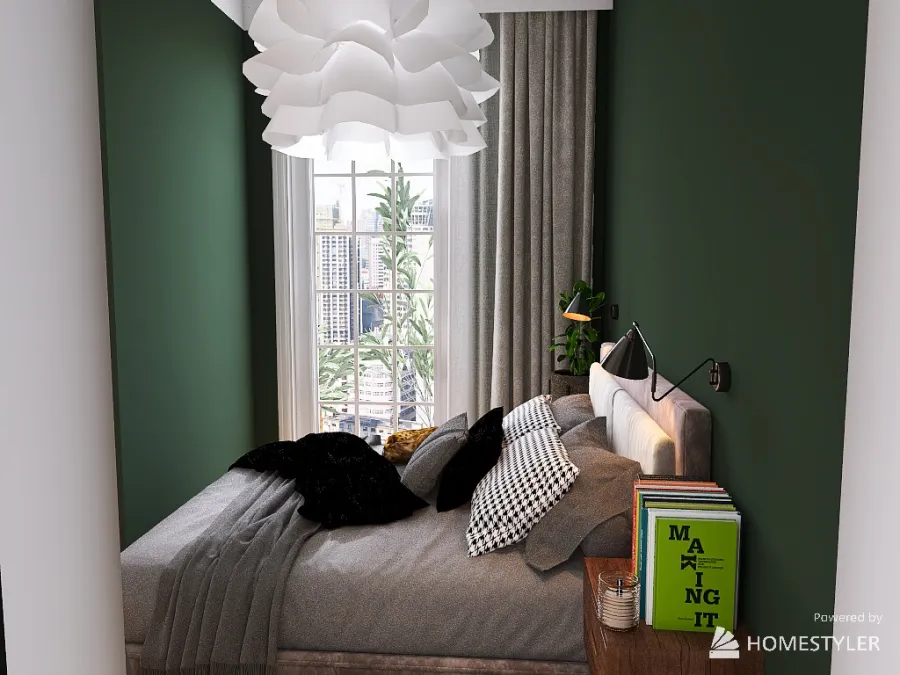 living room & kitchen & bedroom & office - botle green colour 3d design renderings