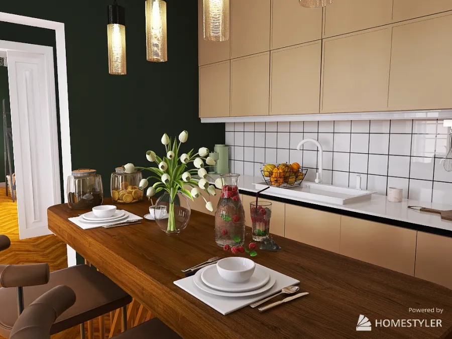 living room & kitchen & bedroom & office - botle green colour 3d design renderings