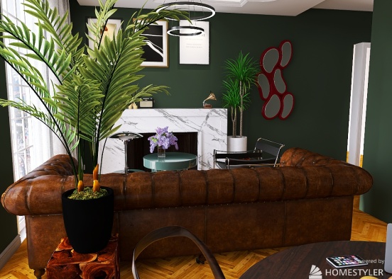 living room & kitchen & bedroom & office - botle green colour Design Rendering