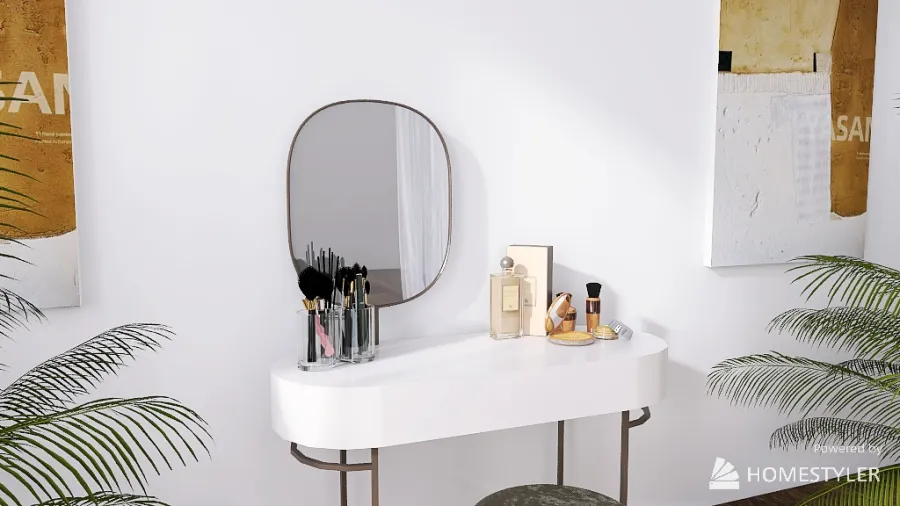 Elegant Green and Gold Makeup/Dressing Room w/ Bathroom 3d design renderings