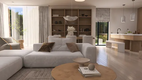 Modern living room with stylish furniture arrangement showcasing a cozy atmosphere, featuring a light color palette and natural materials, highlighting interior decor design with Homestyler's real-time 3D rendering functionality.