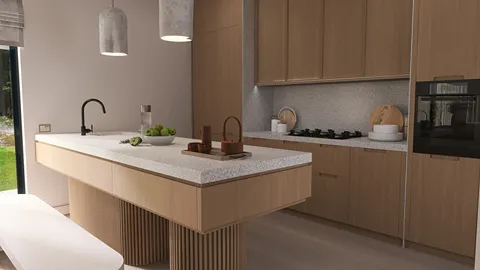 Modern kitchen interior featuring wooden cabinetry and a spacious island, designed with a minimalist style, emphasizing functionality and warmth. Includes Homestyler's real-time 3D rendering for realistic renovation previews.