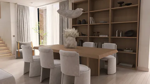 dining area featuring a wooden table and soft upholstered chairs in a modern design style with an emphasis on spaciousness, utilizing Homestyler's real-time 3D rendering for visualization.