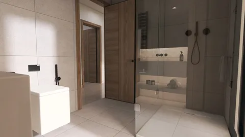 modern bathroom design with a clean layout featuring a stylish shower area and elegant fixtures using Homestyler's real-time 3D rendering for realistic previews.