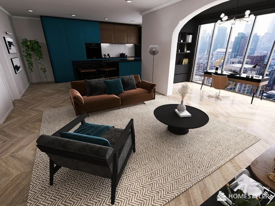 Teal Mid Century Apartment 3d design renderings