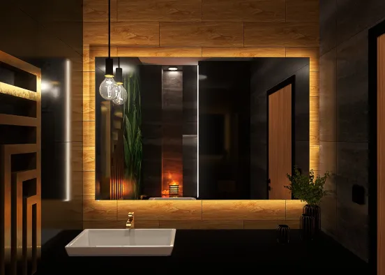 Złota, ciemna, czarna, drewniana łazienka z wanną Design Rendering