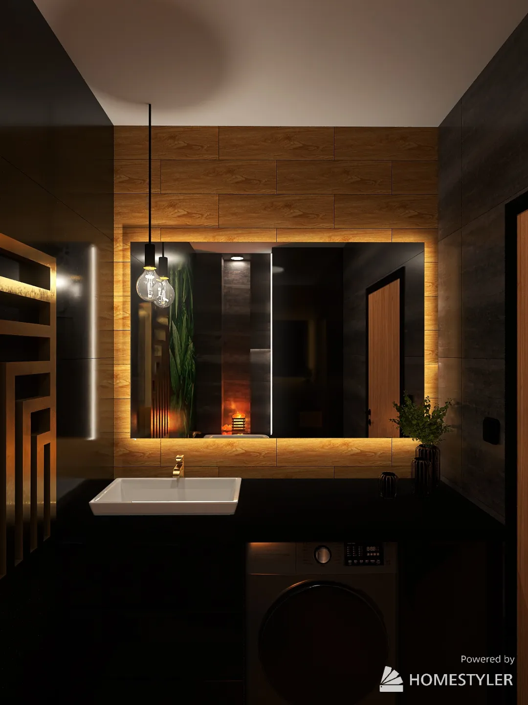 Złota, ciemna, czarna, drewniana łazienka z wanną 3d design renderings