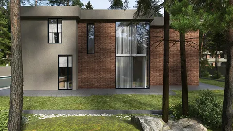modern residential exterior design showcasing a brick facade and large windows amidst a natural landscape, emphasizing outdoor aesthetic value with Homestyler's real-time 3D rendering capabilities.