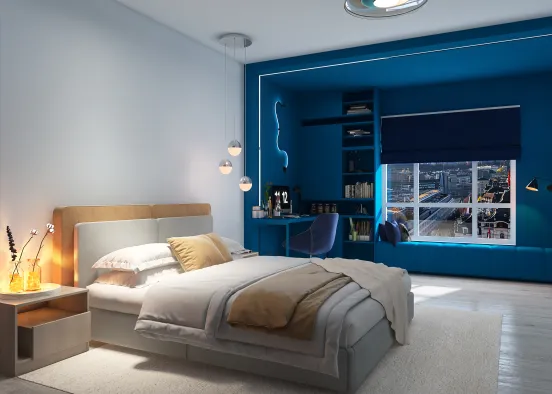 Modern bedroom with blue office Design Rendering