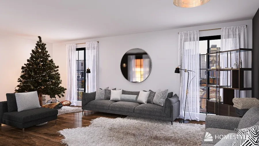 Rustic Black and White Christmas Living Room 3d design renderings