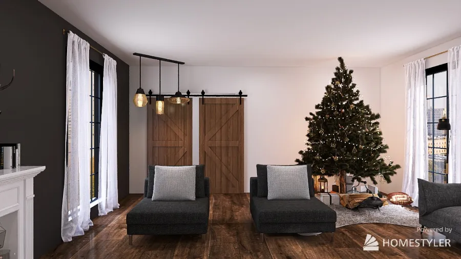 Rustic Black and White Christmas Living Room 3d design renderings
